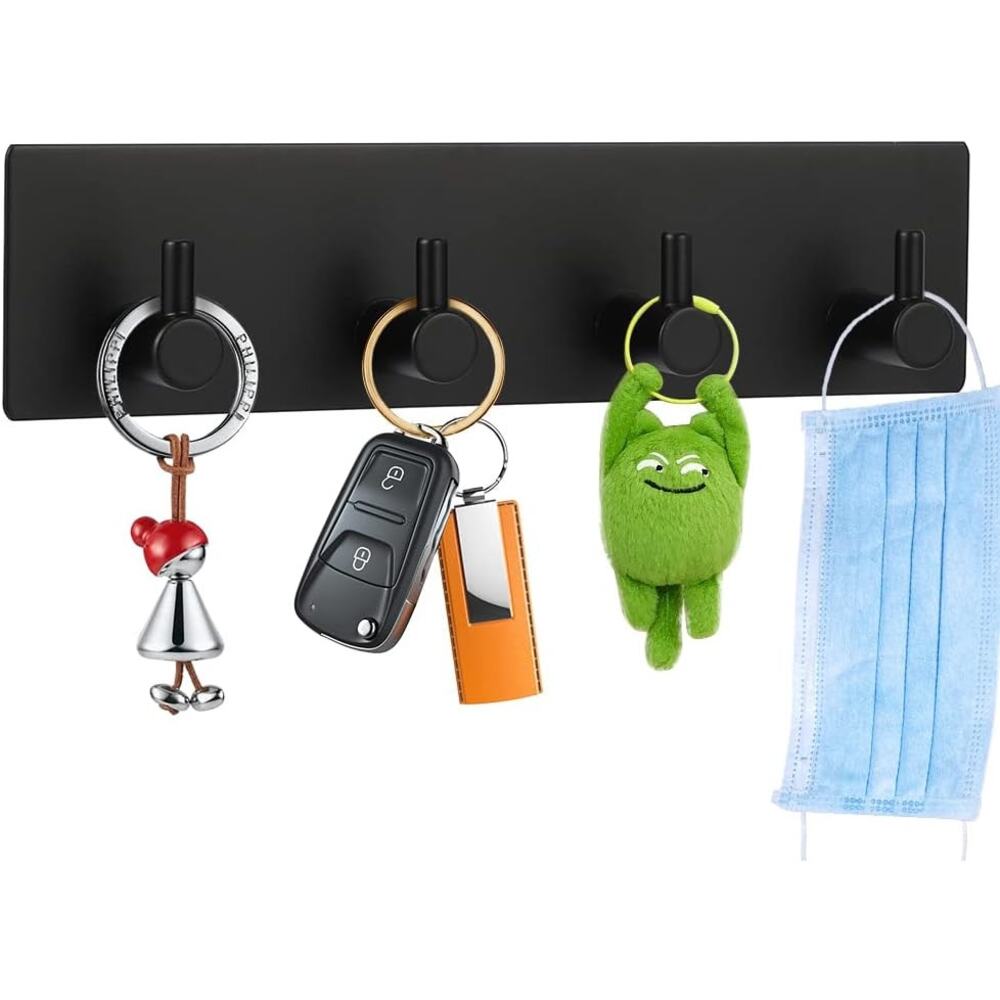 Adhesive Stainless Steel Key Hooks Towel Hook Coat Hanger Four Rows Black 1PCS